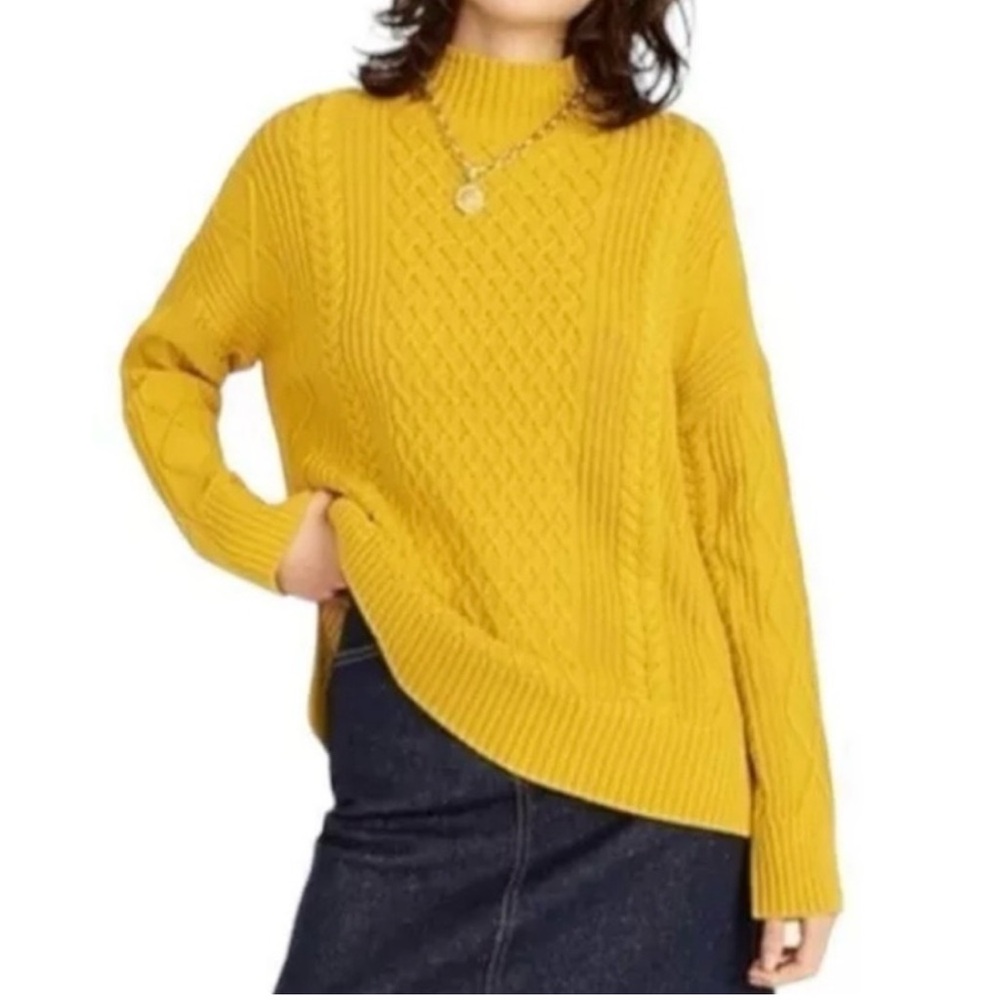 J. Crew oversized 100% cotton Mustard Cable Knit mockneck Sweater